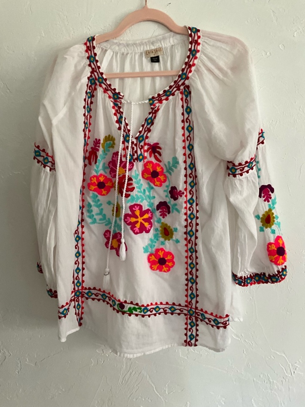 Lula Soul Floral Embroidered Cotton Boho Peasant Blouse Medium